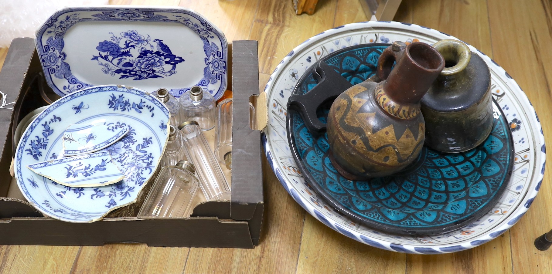 A quantity of mixed pottery, ceramics and glass toilet jars and a plated meat dome